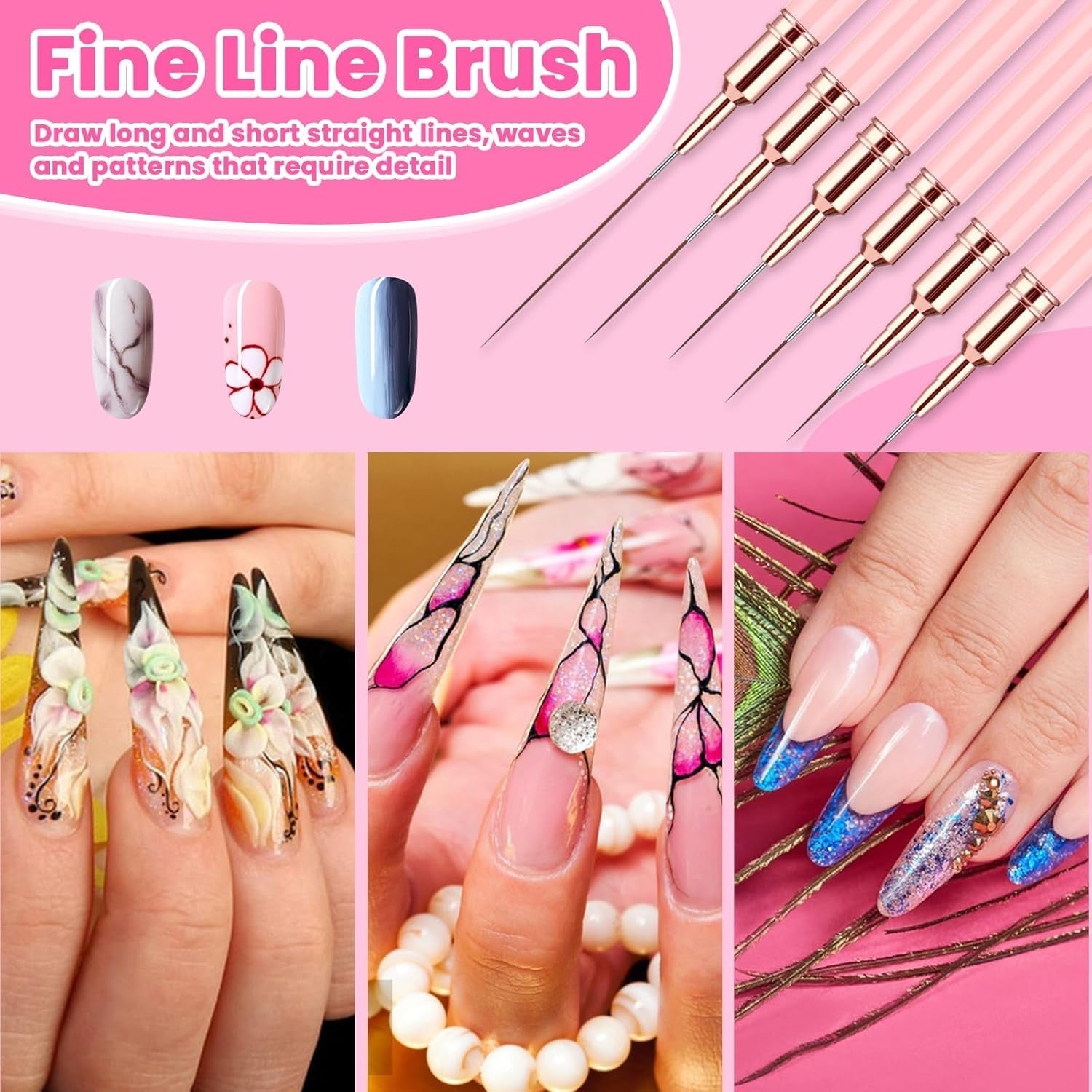 6 Stück Liner Nailart Pinsel Nageldesign Pinsel Set Dünn Acryl Nagelpunkt-Zeichenwerkzeug Nägel Dünne Nagelpinsel Set Für Lange Linien, Dünne Details, Feines Zeichnen 5/7/9/11/15/25 Mm(Rosa)