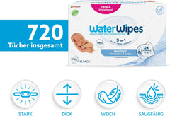 WaterWipes Sensitive+ Chusteczki nawilżane dla noworodków i dzieci, 720 sztuk (12 szt.), 3 w 1 czyszczenie, pielęgnacja, ochrona, 99,9% wody, bezzapachowy