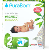 Scutece din bambus organic Pureborn Eco, marimea 2 (3-6 kg), 64 bucati, ecologice, hipoalergenice, ultra-moale, cu indicator de umiditate, diverse imprimeuri Mama si Copilul Naty Shop