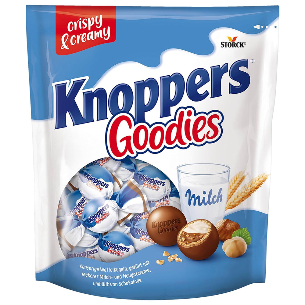 Knoppers Goodies Crunchy Minis – 1 x 180g – chrupiące kuleczki waflowe wypełnione kawałkami orzechów laskowych, mlekiem i kremem nugatowym, oblane czekoladą