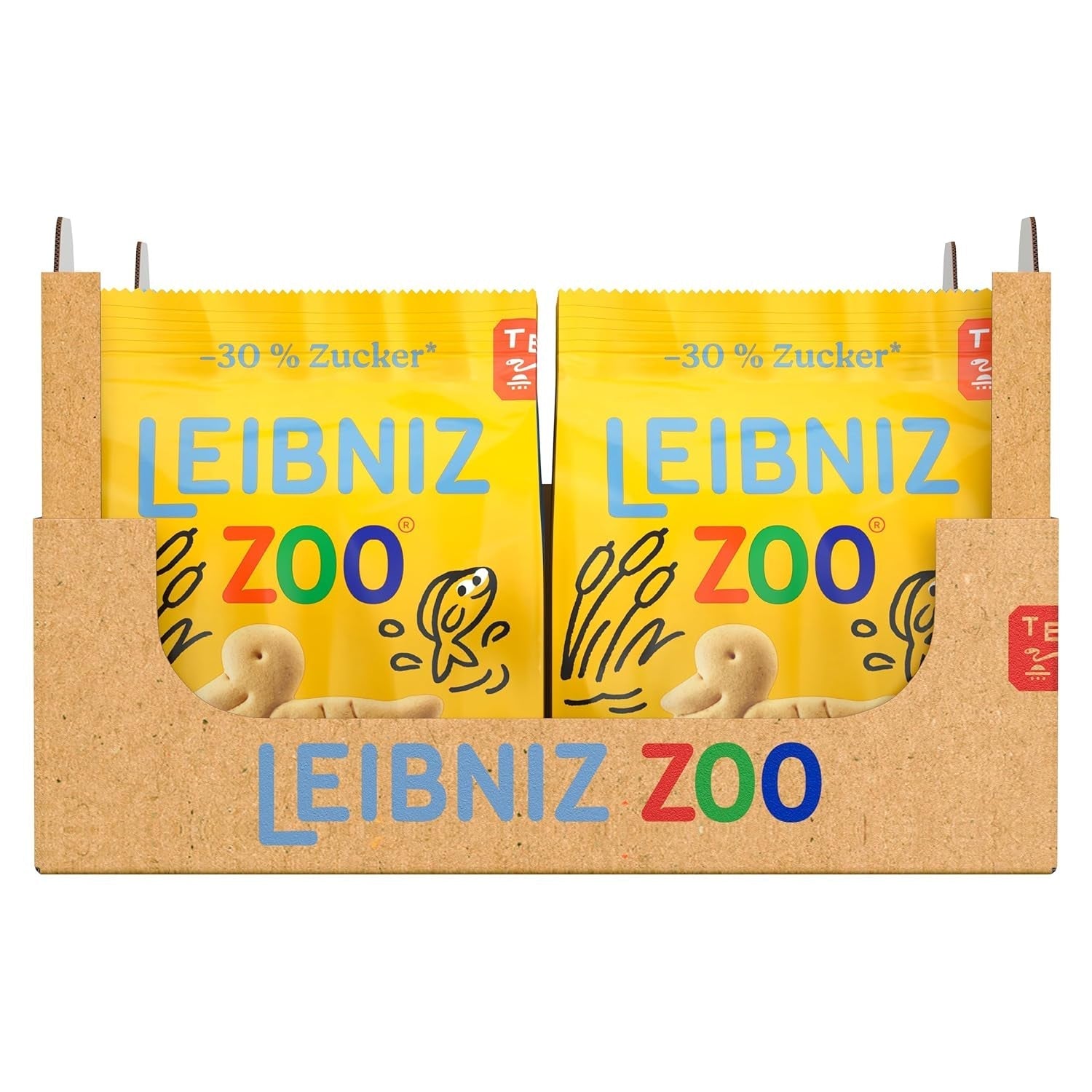 LEIBNIZ ZOO -30% Zahăr, Pachet de 12, Fursecuri cu unt cu motive animale, Fursecuri crocante cu mai puțin zahăr, Pachet vrac pentru stoc sau pentru vânzare (12 x 125 g)