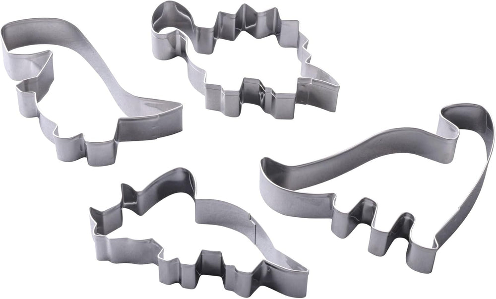 Set de forme de biscuiți Zenker cu dinozauri din oțel inoxidabil, 4 piese – Perfect pentru sesiuni creative de copt cu copiii, lavabil în mașina de spălat vase, design modern cu dinozauri, argintiu