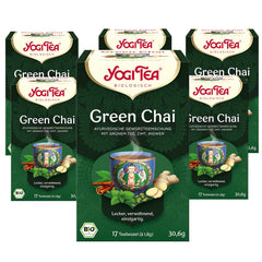 Yogi Tea Green Chai, ceai ayurvedic organic cu mirodenii, amestec de scorțișoară, mentă, ceai verde, ghimbir, cardamom și cuișoare, 6X17 pliculețe (102 pliculețe de ceai în total)