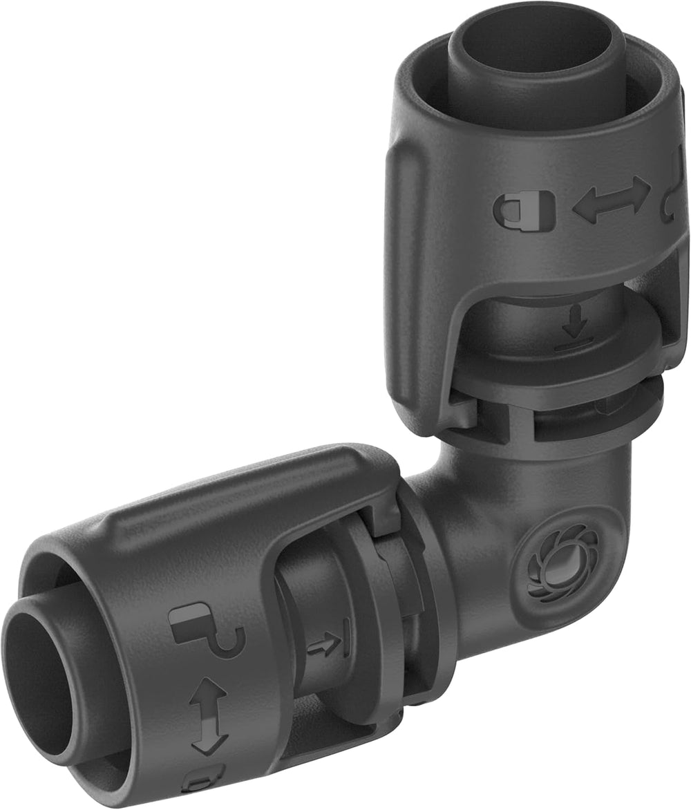 Piesă în L pentru sistemul de irigare Gardena Micro-Drip 13 mm (1/2 inch): Conector pentru țeavă pentru schimbarea direcției țevilor de alimentare de 13 mm, asamblare fără unelte, reutilizabil (13202-20)