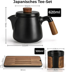 MIAMIO - Set de ceai japonez/chinezesc 6 x 100 ml / Ceainic asiatic 620 ml cu infuzor de ceai, Set tradițional japonez de ceainic pentru iubitorii de ceai/bărbați/femei (negru)
