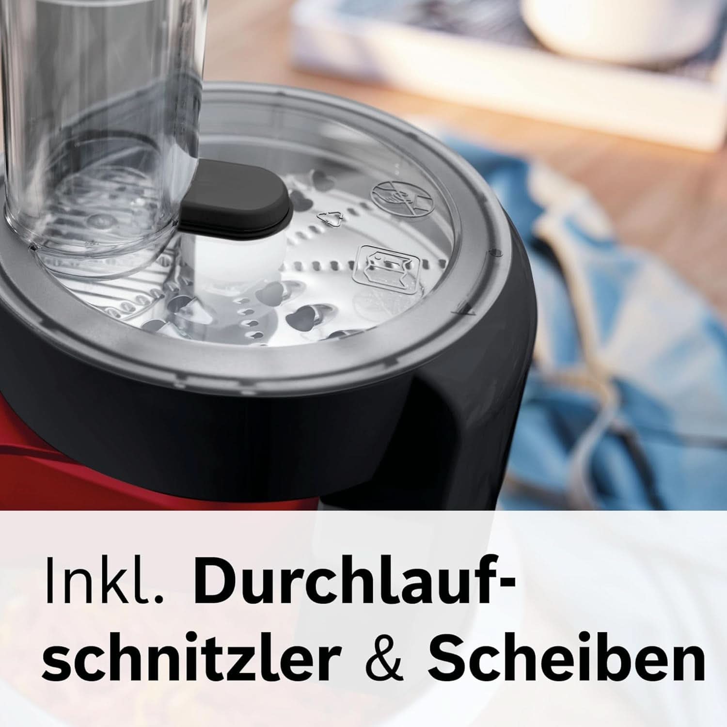 Bosch Küchenmaschine Serie 2 MUMS2ER01, Edelstahl-Schüssel 3,8 L, Planetenrührwerk, Knethaken, Schlag-, Rührbesen Edelstahl, Durchlaufschnitzler, 3 Scheiben, 700W, Rot Mama si Copilul Naty Shop