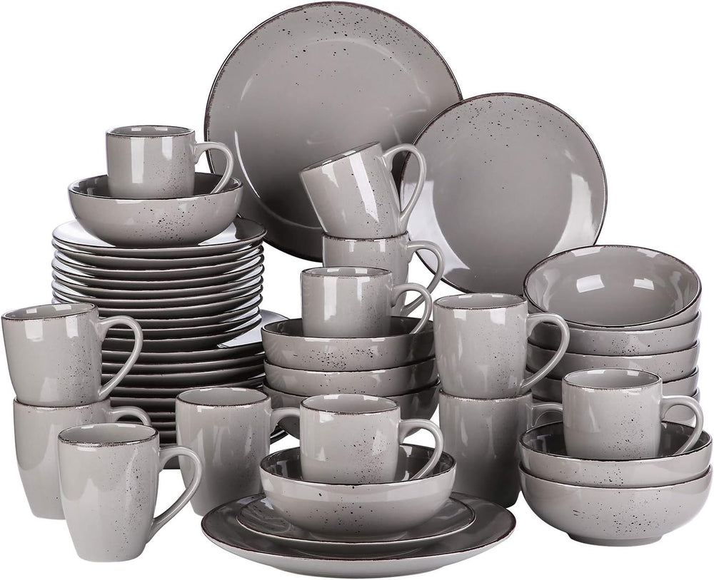 Set de veselă Vancasso pentru 12 persoane, set de veselă din gresie Navia, set combinat de 48 de piese cu farfurii, farfurii pentru salată, boluri și cești, aspect vintage, design natural