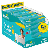 Chusteczki nawilżane Pampers Fresh Clean, 15 opakowań po 80 chusteczek, łącznie 1200 chusteczek, lekki zapach, odpowiednie również do rąk i twarzy
