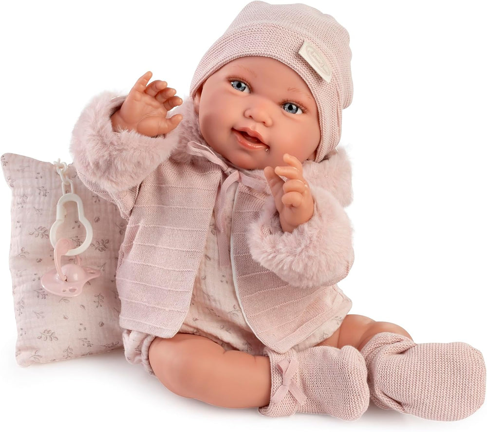 Antonio Juan Puppen für Neugeborne, Winterpfeife, realistyczny Babypuppe, 42 cm, z różowym ubrankiem, w zestawie smoczek i poduszka