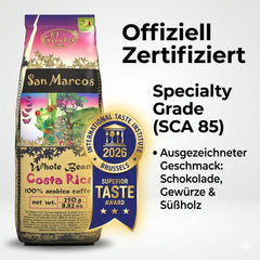 El Gusto San Marcos Spezialitätenkaffee | Ganzen Bohnen Mittlere Röstung | Gourmetkaffee mit Schokoladenaroma mit leichter Zitrussäure | 100% Arabica Kaffee aus Costa Rica | Specialty Coffee | 250 g