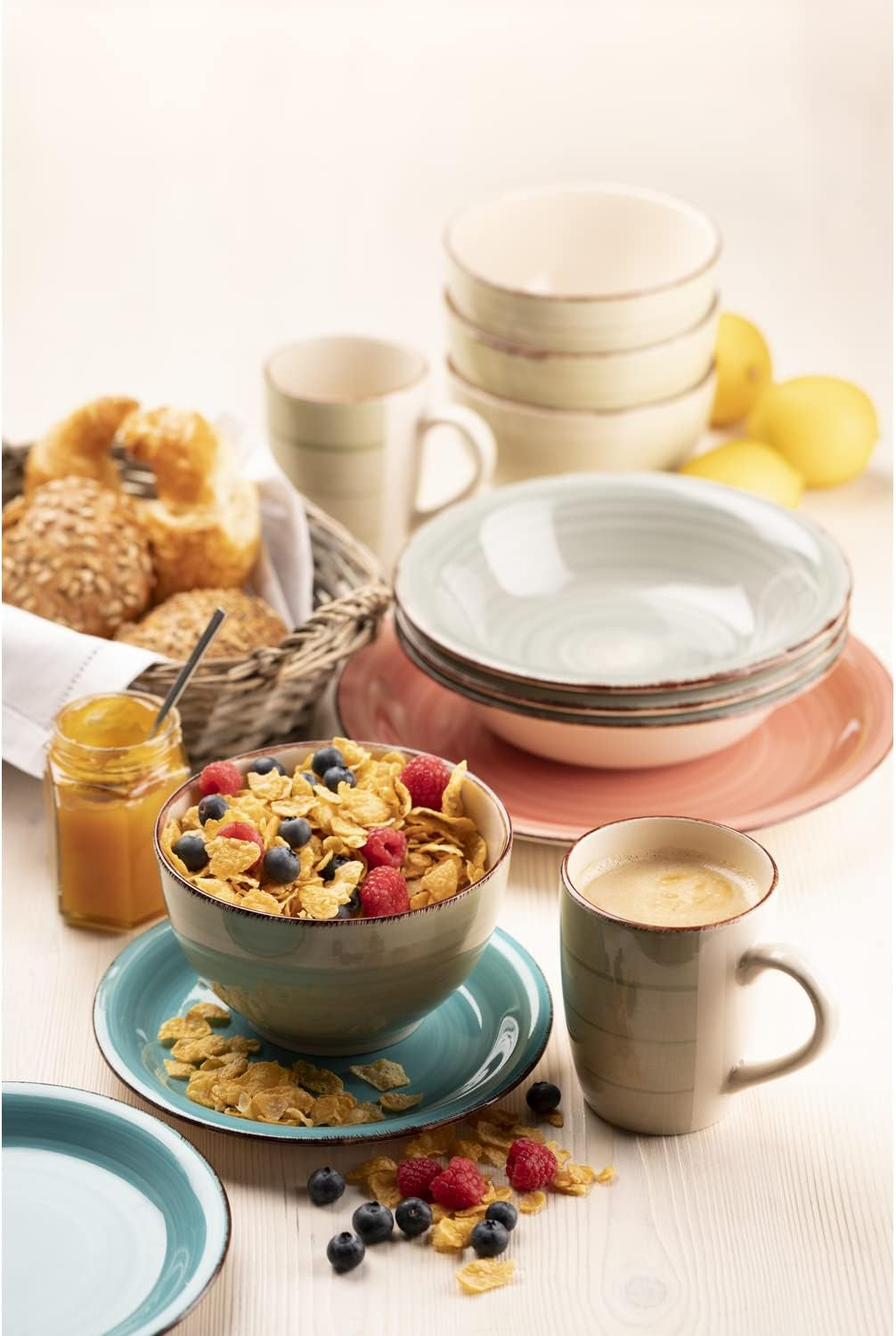 MÄSER 931875 Bel Tempo II, Teller-Set Für 6 Personen Im Modernen Vintage Look, 18-Teiliges Tafelservice, Handbemaltes Keramik-Geschirr Service, Steingut, Rauchblau Seturi vesela masa Naty Shop