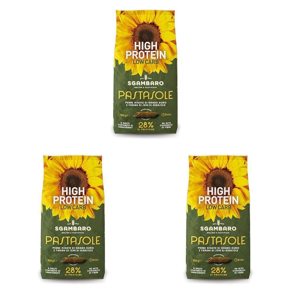 PASTASOLE, Penne Rigate ze 100% włoską semoliną z pszenicy durum i mąką z nasion słonecznika - 500g - Wysoka zawartość białka, niska zawartość węglowodanów, wysoka zawartość błonnika (opakowanie 3 szt.)