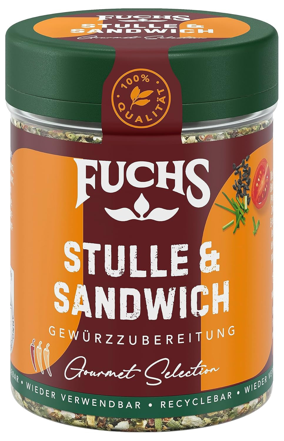 Fuchs Gewürze - Stulle und Sandwich Gewürz - chrupiący Butterbrot Topping mit Pyramidenflocken und getoasteten Zwiebeln - aus natürliche Składnik - 50 g in wiederverwendbarer, recyclebarer Dawka