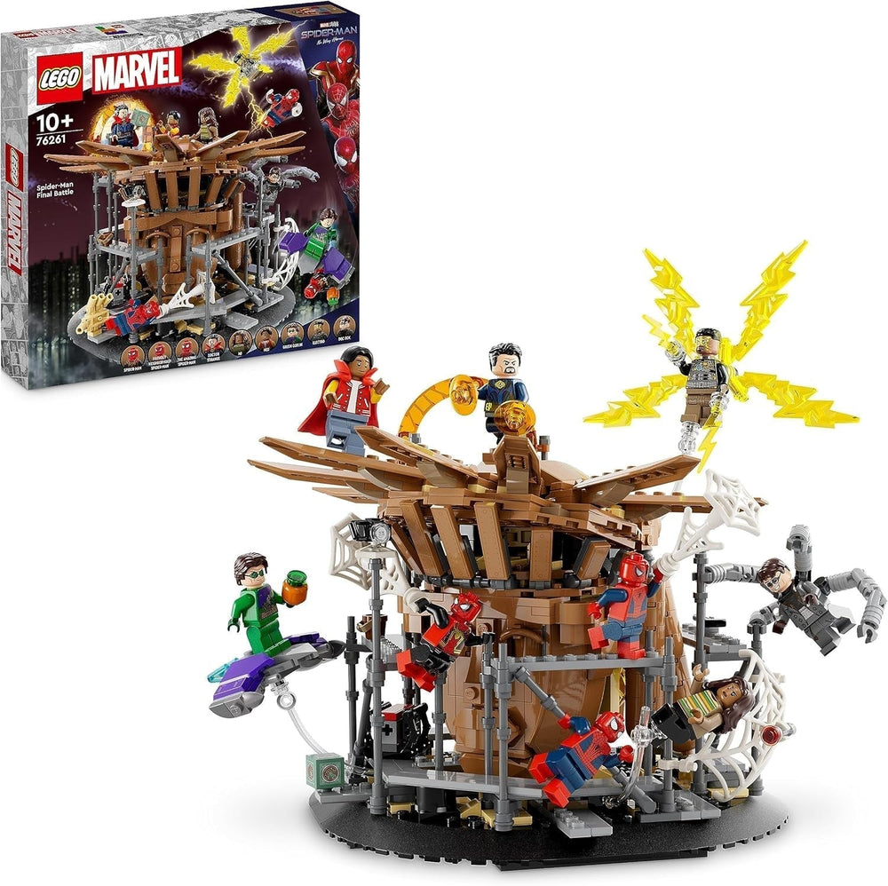 LEGO 76261 Marvel Spider-Man's Big Showdown, Spider-Man: No Way Home, zestaw z 3 minifigurkami Petera Parkera oraz Zielonym Goblinem, Electro, Sandmanem, Nedem, Doktorem Strange i MJ, model kolekcjonerski Zestawy do budowania Szukaj w sklepie LEGO