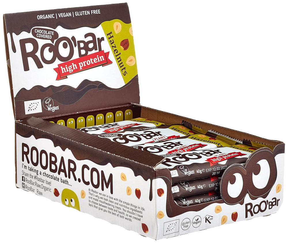 Wysokobiałkowe batoniki z orzechami laskowymi w polewie czekoladowej - 100% organiczne, wegańskie, batoniki owocowe, bez nabiału, bez glutenu, bez rafinowanego cukru - 16 batonów x 40g