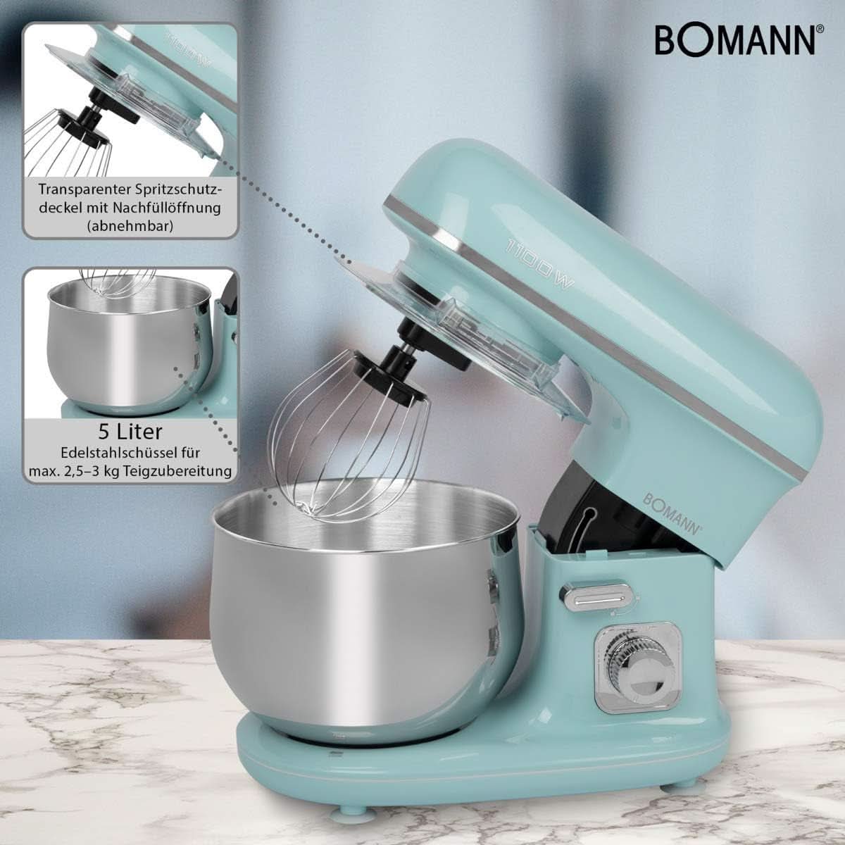 Bomann® Retro Küchenmaschine Zum Backen | Knetmaschine 5L |Starker 1100W Motor | Teigmaschine Inkl. Haken & Schneebesen | Retro Teigknetmaschine Spritzschutz Mit Nachfüllöffnung – KM 6030 CB Mint-Grün Mama si Copilul Naty Shop