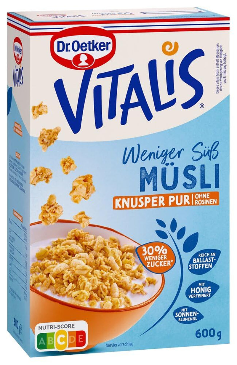 Dr. Oetker Vitalis Less Sweet Crunchy Pure: Chrupiące musli z 30% mniejszą ilością cukru, opakowanie 5 sztuk (5 x 600g)