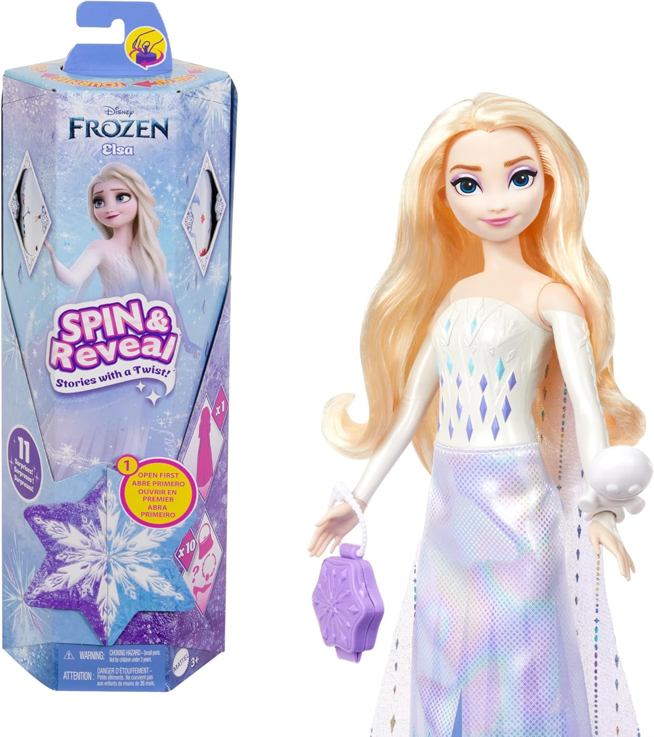 Mattel Disney The Ice Queen Elsa Fashion Doll Set, Spin & Reveal cu 11 surprize, inclusiv 5 accesorii, 5 autocolante și o scenă pentru joacă, inspirat de filmul Disney, HTG25 Papusi Naty Shop Păpușa Elsa