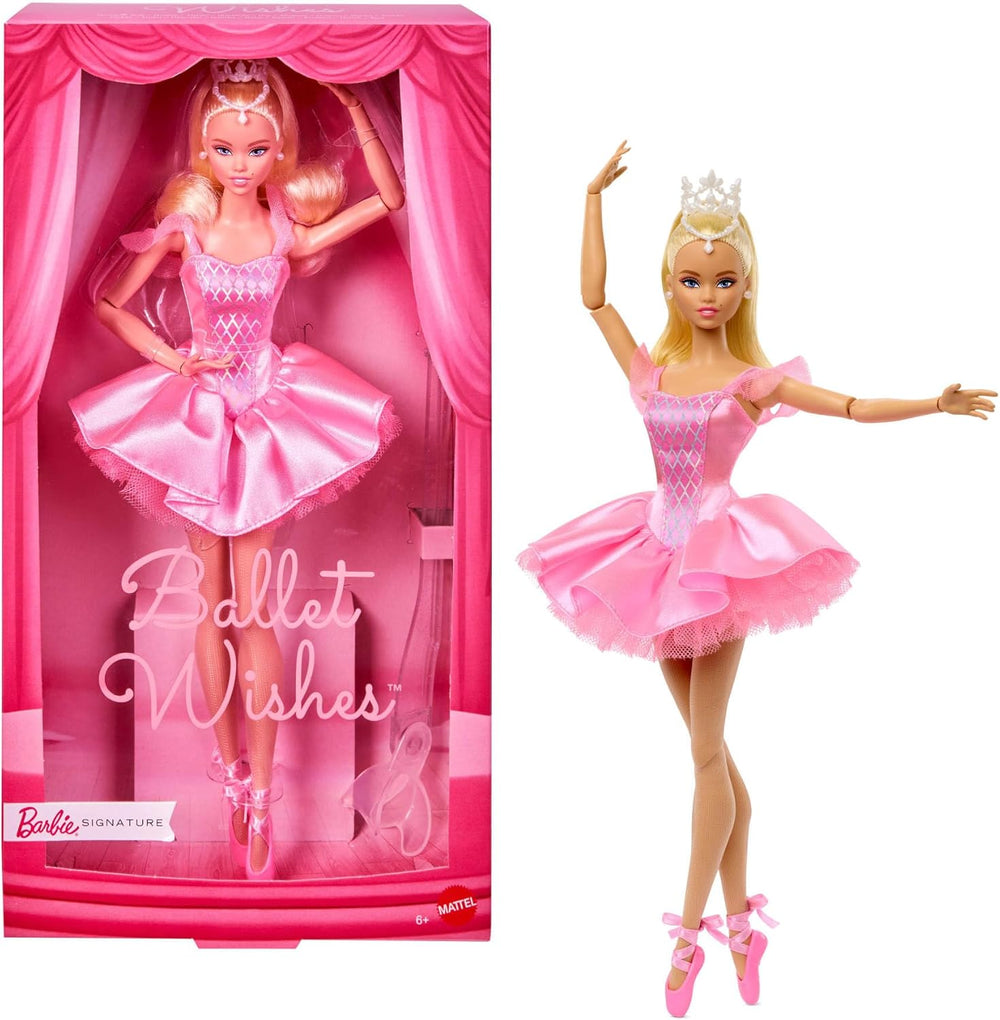 Păpușa Barbie Signature Ballet Wishes, păpușă la modă de colecție, în tutu de mătase roz, cu păr blond și ambalaj cadou, JBJ10