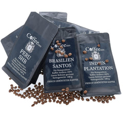 Coffeenes Kaffeebohnen Probierset – Kaffee Geschenk - 6 Sorten ganze Bohnen Arabica aus Brasilien, Peru, Kolumbien, Tansania, Indien, Uganda – 6 x 100g
