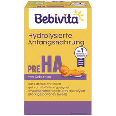 PRE HA (5 x 500g), hydrolizowane mleko w proszku od urodzenia, zawiera wyłącznie laktozę jako węglowodan, nadaje się do karmienia uzupełniającego