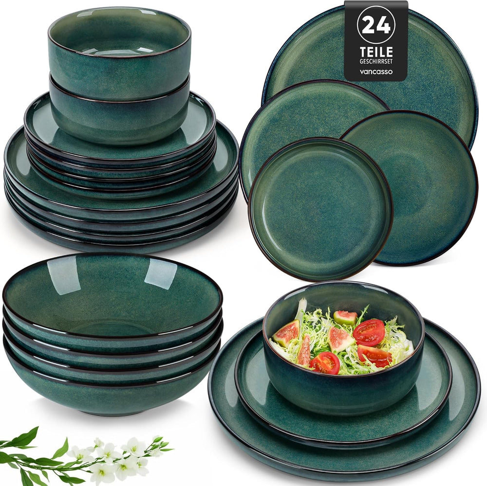 Set de veselă modern pentru 6 persoane, set de veselă din gresie Vancasso STARRY cu 24 de piese, set combinat verde, serviciu de cină pentru 6 persoane, inclusiv farfurii de cină, farfurii de desert, farfurii de supă și boluri pentru cereale