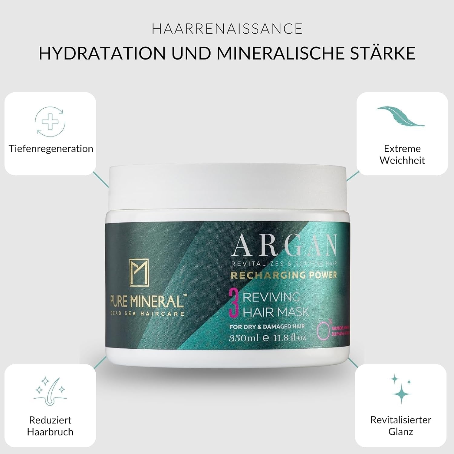 Pure Mineral - Mască reparatoare intensivă pentru păr cu argan - Repară și oferă strălucire părului uscat - Hrănește cu vitamina E - Fără sulfați, parabeni, petrolați - 350ml Masca de par Naty Shop
