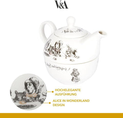 Set ceainic și ceașcă Alice în Țara Minunilor pentru 1 persoană în cutie cadou, serviciu de ceai din porțelan fin, alb, 250 ml
