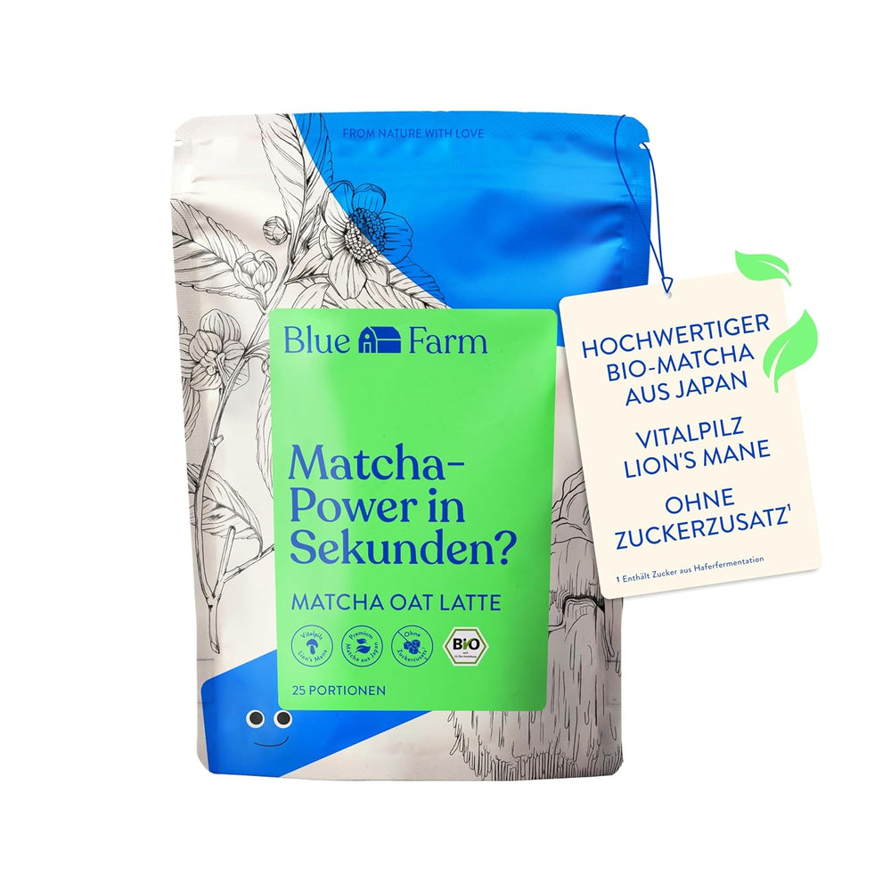 Blue Farm Bio Matcha Oat Latte auf Haferbasis ohne Zuckerzusatz - Mit dem Vitalpilz Lion's Mane - Wegańskie - bez laktozy i glutenu (300 g, Matcha)