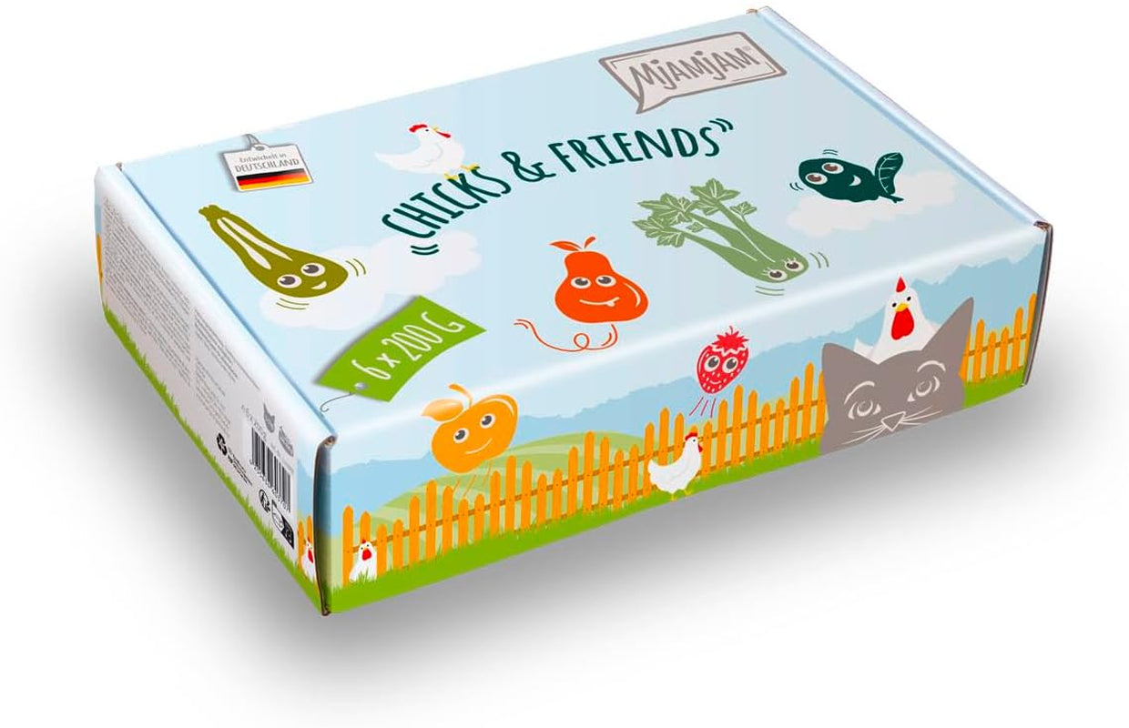 Mjamjam - Hrană umedă premium pentru pisici - Chicks & Friends Box, 9 pachete (9 X 300G), fără cereale și cu carne suplimentară