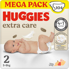 Pieluszki dla niemowląt Huggies Extra Care, rozmiar 2 (3-6 kg), super chłonne, Disney Design, mega opakowanie, 104 sztuki