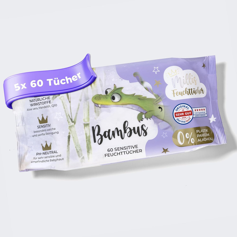 Millis Bamboo Baby Sensitive chusteczki nawilżane do delikatnej skóry dziecka - 5 x 60 sztuk - Naturalne, delikatne i zrównoważone czyszczenie - Biodegradowalne chusteczki dla niemowląt, bez plastiku i alkoholu