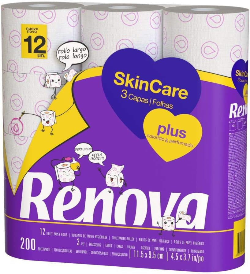 Renova - Hârtie igienică Skin Care Plus, Decorată, Parfumată - 12 role (Hârtie igienică)