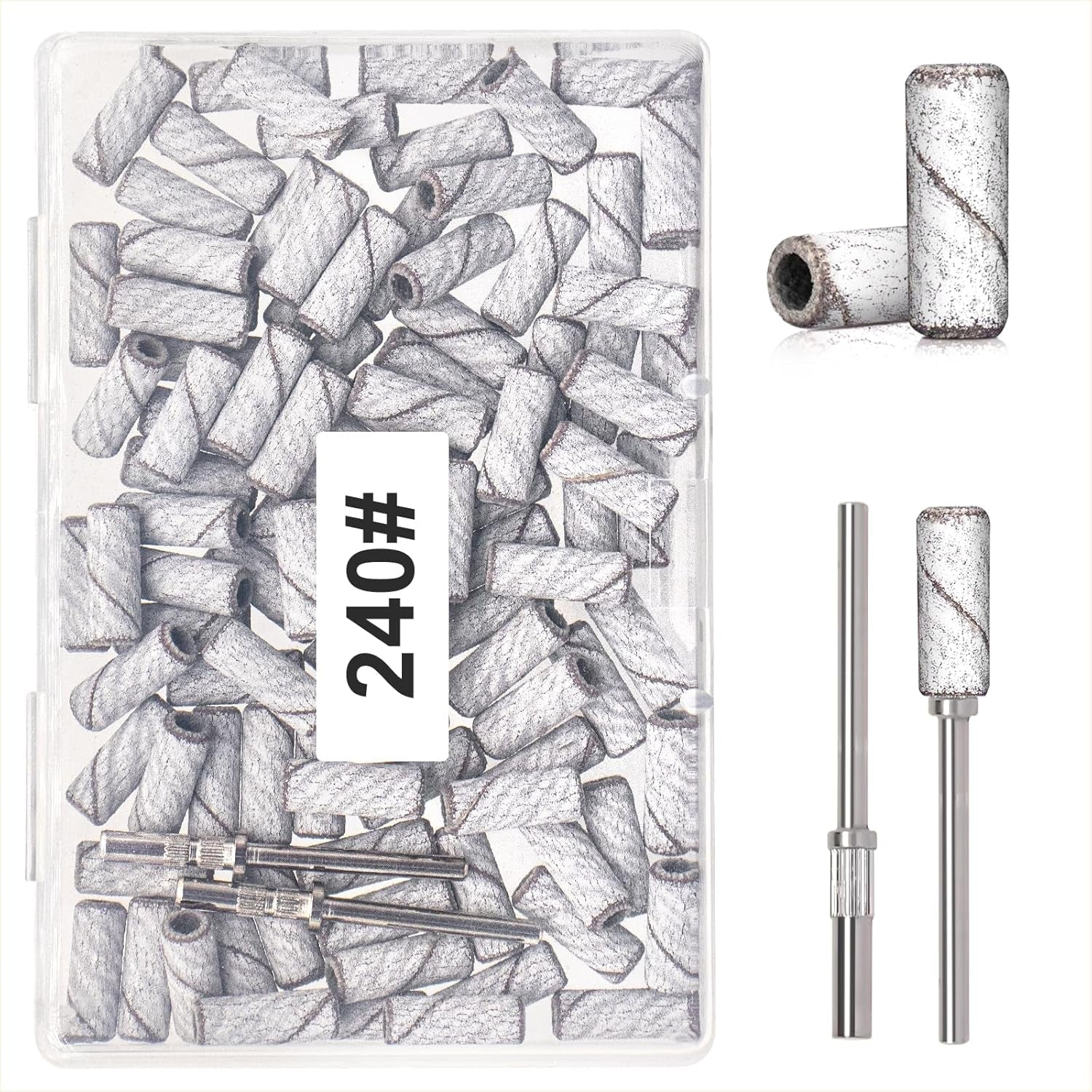 BLESWIN 100 bucăți benzi de șlefuit mici pentru burghie de unghii, granulație fină 240 cu 2 bucăți burghiu de 3 mm, mini benzi de șlefuit pentru lustruirea unghiilor naturale și curățarea cuticulelor pentru pregătire, roz