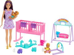 Păpușa și căsuța Barbie Skipper cu accesorii, include păpuși gemene, 1 pătuț, 1 leagăn, 1 balansoar și multe altele, HXM99