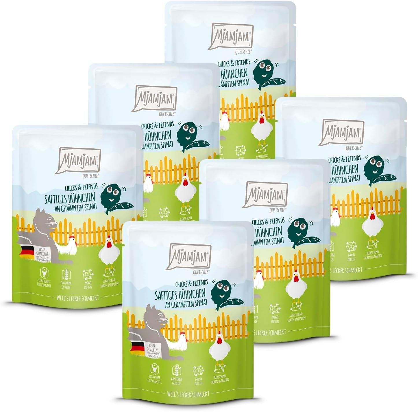 Mjamjam - Hrană umedă premium pentru pisici - Chicks & Friends Box, 9 pachete (9 X 300G), fără cereale și cu carne suplimentară