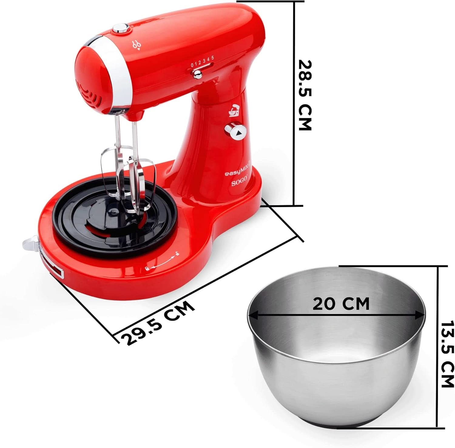 SS-14506 Küchenmaschine, Mixer Und Mixer 3-In-1 Mit Drehschüssel, Stäbchen Und Haken Zum Kneten Aus Edelstahl, 5 Geschwindigkeiten, 3,2 Liter (Rot) Mama si Copilul Naty Shop
