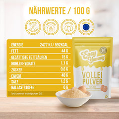 EASY YUMMY - Vollei-Eipulver (1000g = 80 Eier) z Regionalen Niederländischen Freiland-Eiern | mit 1-Ei-Messlöffel | Wiederverschließbarer Beutel, lange Haltbarkeit | Rührei, Kochen, Backen | 100% nich