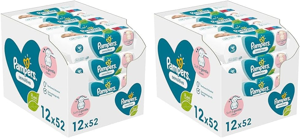 Chusteczki dla niemowląt Pampers Sensitive, 624 chusteczki (12 x 52), bezzapachowe, do delikatnego, delikatnego czyszczenia (zestaw 2 szt.)