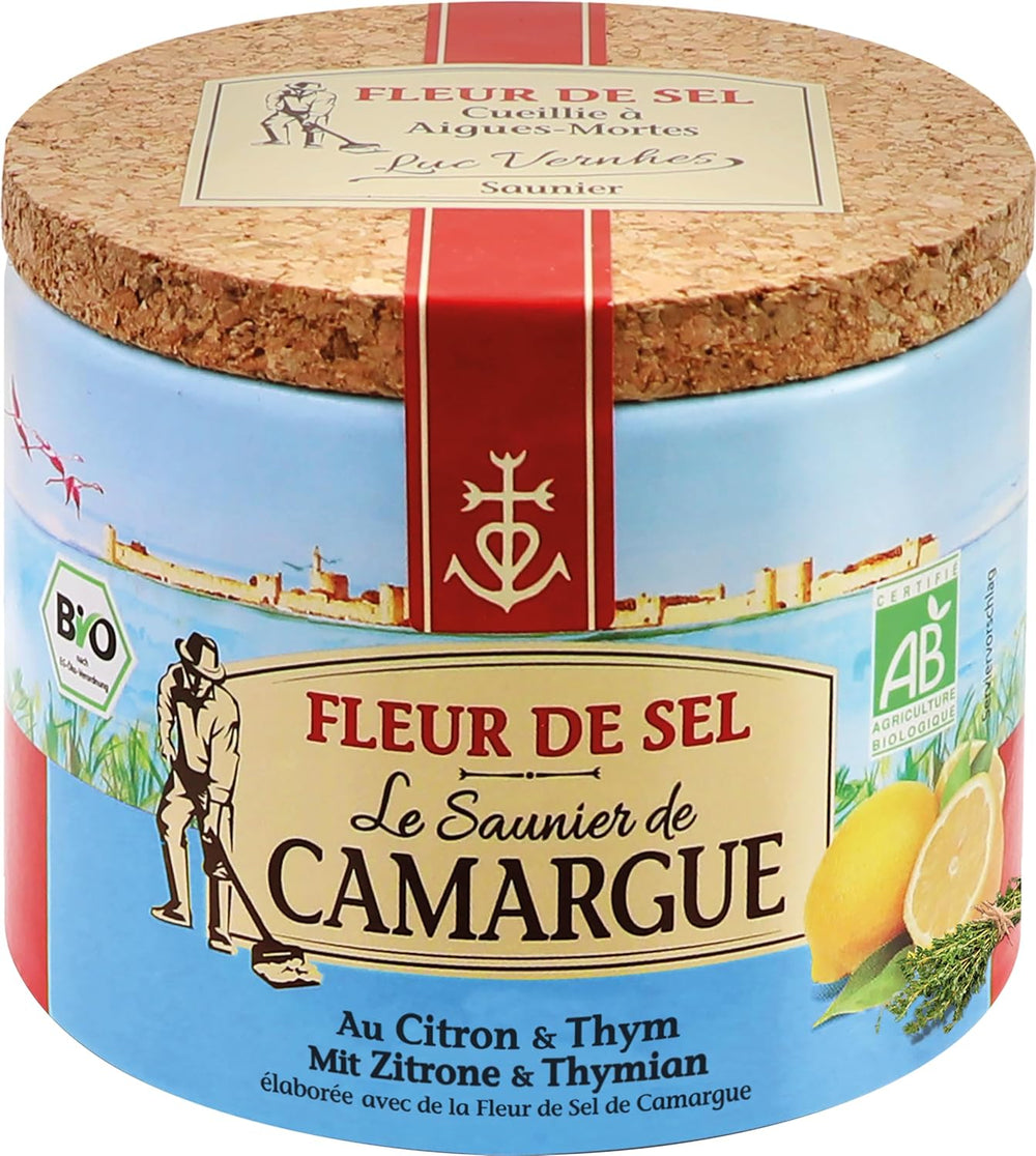 Le Saunier de Camargue Fleur De-Sel Citrone Thymian w dawce 125 g, Premium Meersalz aus Süd-Frankreich, Ideal als Finishing von Speisen und zum Verfeinern von Gerichten