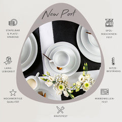 Set de cești de cafea Sänger New Port, set de 12 cești pentru 6 persoane, cești și farfurioare din porțelan alb, 150 ml | COLECȚIA PREMIUM