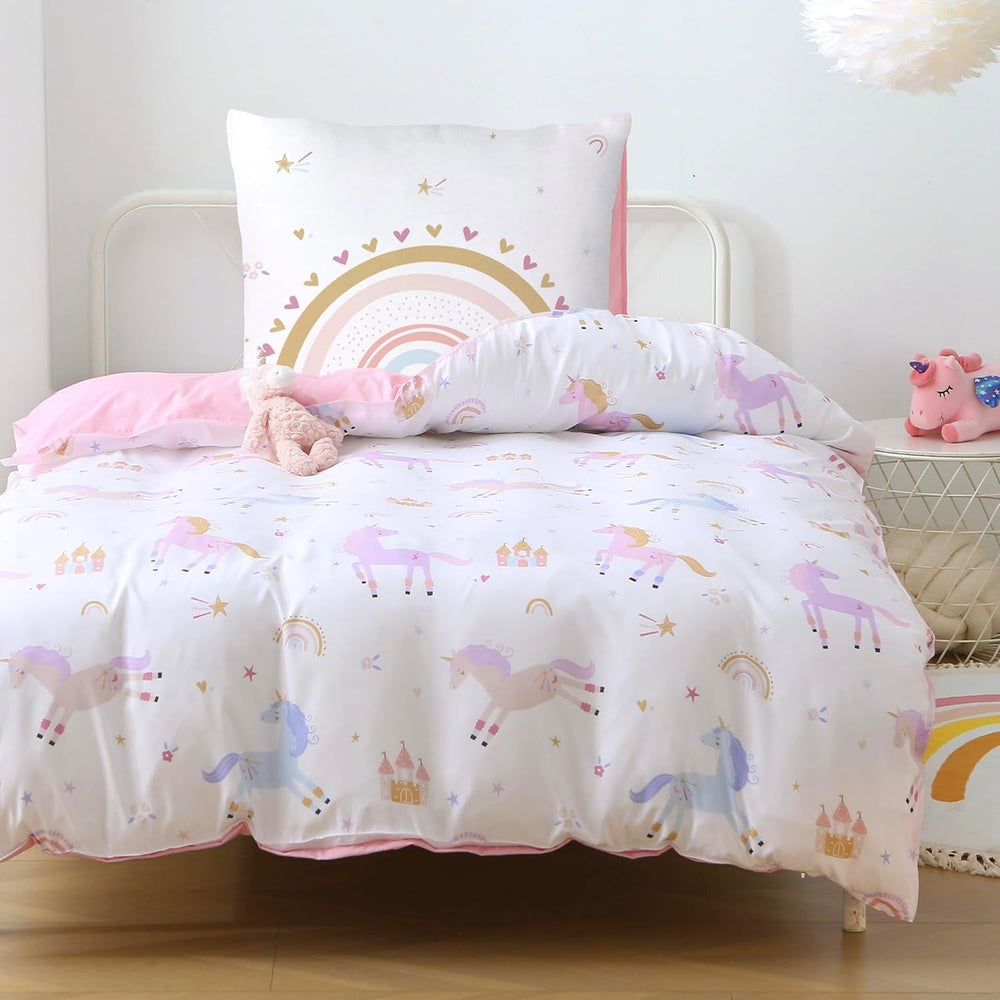 Fekohipy Bettwäsche 135X200 Mädchen Einhorn Kinderbettwäsche Rosa 3D-Druck Mikrofaser Regenbogen Kinder Bettbezug Mit Zwierzweissung Und 1 Kissenbezug 80X80Cm 2-Teilige Kinderbettwäsche-Set Naty Shop Einhornregenbogen 135X200 cm + 80 x 80 cm