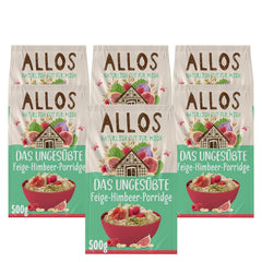 Terci de smochine și zmeură Allos neîndulcit | Terci fără zahăr | Muesli organic | Muesli cu fructe | Fulgi de ovăz | Terci de mic dejun | Cereale pentru micul dejun | Vegan | Pachet de 6 (6 x 500g)