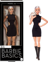 Kolekcjonerska lalka Barbie Basics Model 2 z blond włosami, czarną mini sukienką i butami gladiatorkami, uniwersalny krój, ruchome ciało i wymienna głowa, domyślny tytuł lalki JBH71 Naty Shop