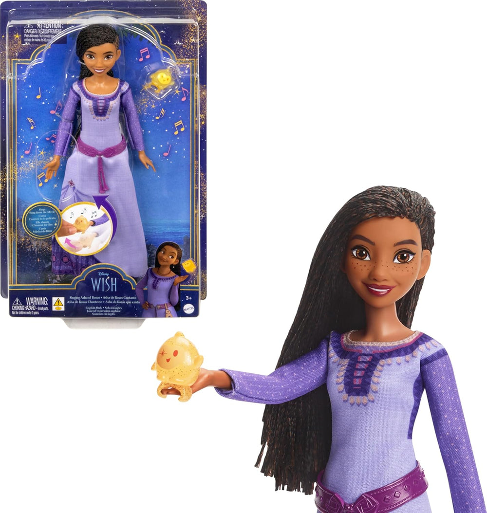 Mattel Disney Wish śpiewa piosenkę Asha of Rosas Modepuppe & Star Figur, beweglich mit abnehmbarem Outfit, śpiewa „This Wish” po angielsku