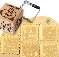 ScrapCooking – Gebäckstempel aus Holz mit Halloween-Mustern – mit 1 Keksausstecher und Würfelausstecher mit 5 erhabenen eingravierten Gesichtern – 5298