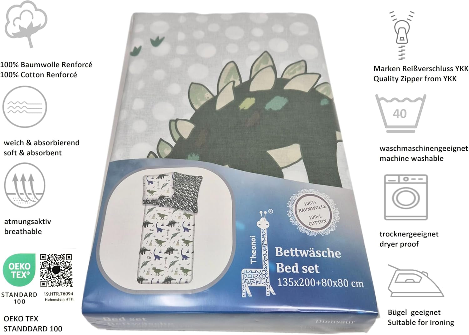 Lenjerie de pat pentru copii, reversibila, Dinozauri Lenjerie de pat - copii Naty Shop