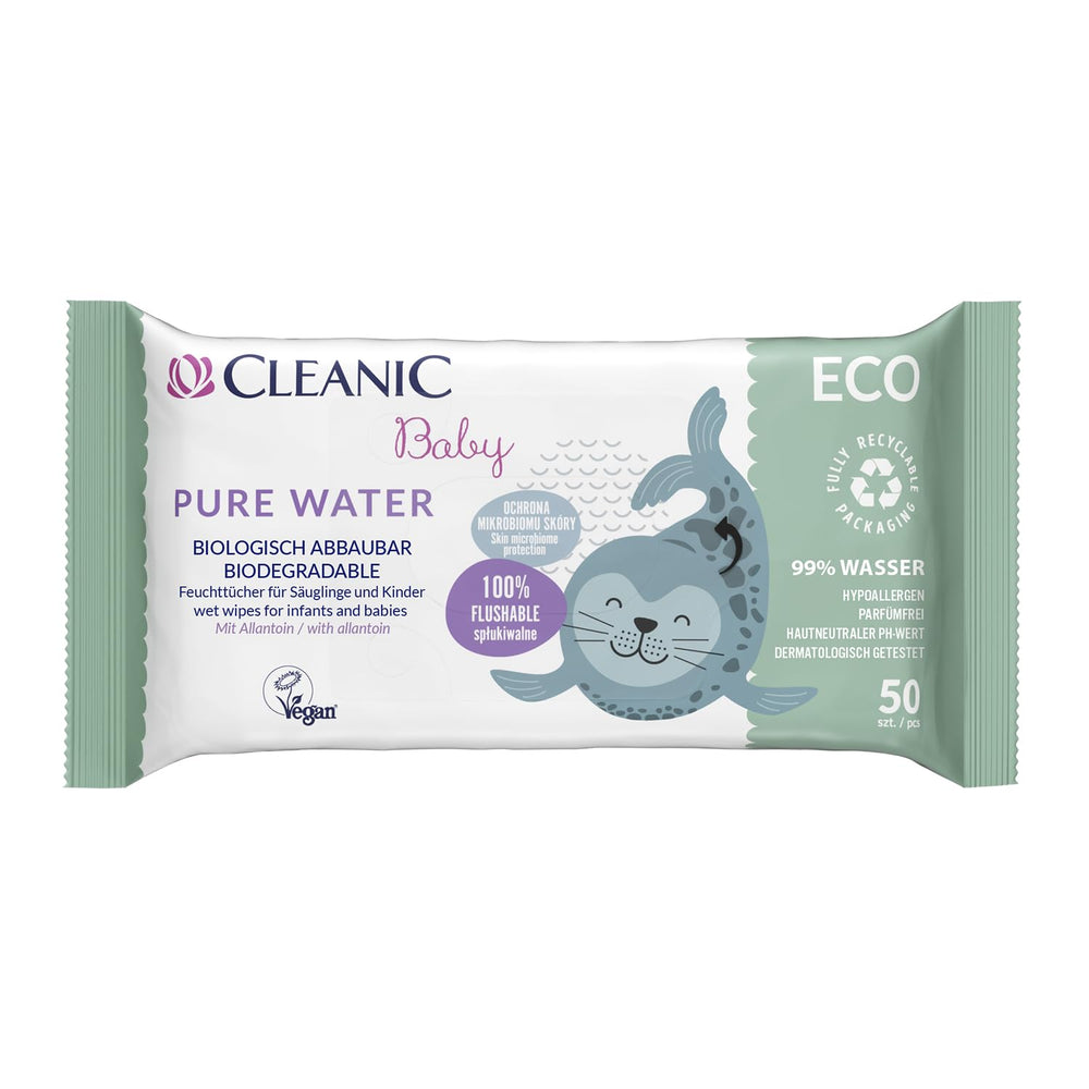 Cleanic Baby Eco Pure Water Chusteczki nawilżane – (1 x 50 szt.) Chusteczki nawilżane dla dzieci i niemowląt – bezzapachowe, spłukiwane, skóra wrażliwa – 50 szt.