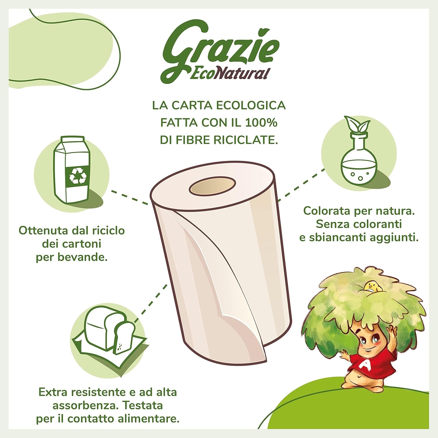 Grazie Natural, hârtie igienică Maxi Ecol FSC Paperpack, 12 role, testată dermatologic, hârtie igienică 100% reciclată, ecologică, fabricată în Italia