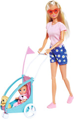 Remorcă pentru bicicletă Steffi Love, păpușă pe bicicletă cu remorcă pentru bebeluș, câine și căști, de la 3 ani în sus